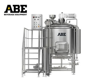 ABE Beverage Equipment's mash house for spirits, featuring a large metal tank with a control panel, connected to a steam jacket system. The equipment is designed for distilling spirits with a capacity indicated by the brand.