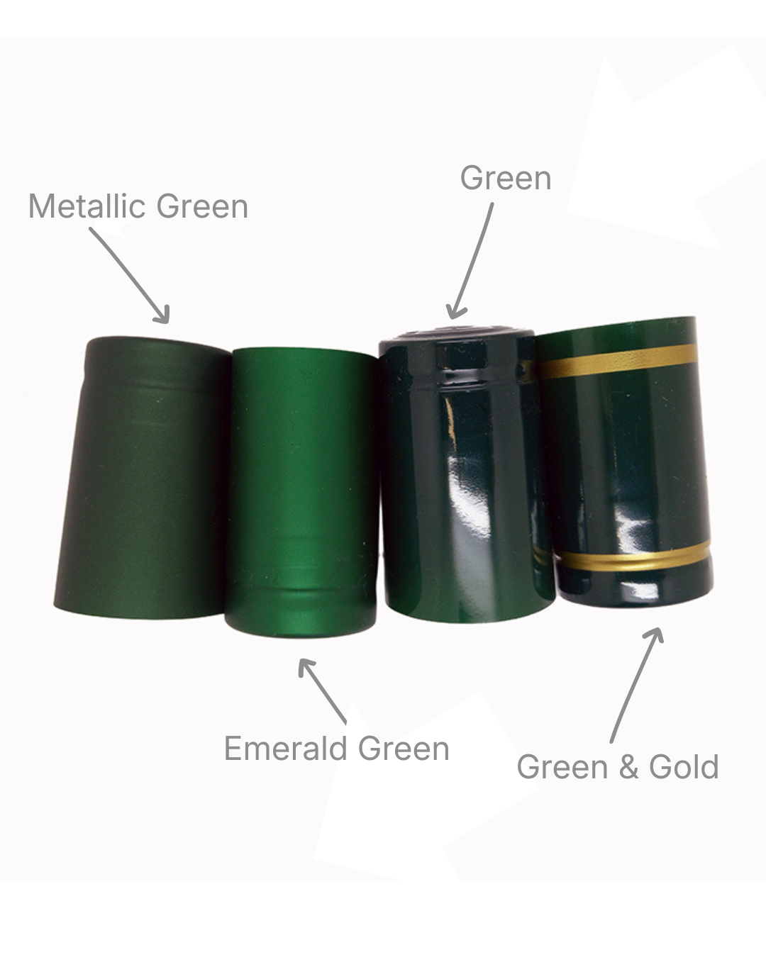 PVC shrink capsules for MCA2 capped bottles in Metallic Green, Emerald Green, Green and Green with Gold.
