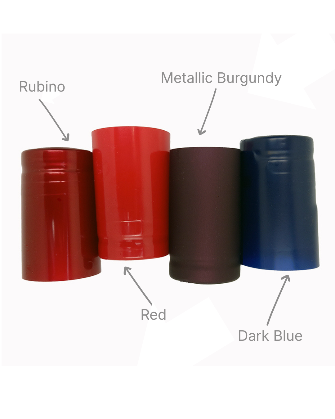 PVC shrink capsules for MCA2 capped bottles in Rubino, Red, Metallic Burgundy and Dark Blue.