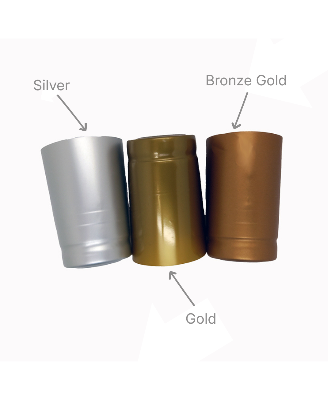 PVC shrink capsules for MCA2 capped bottles in Silver, Gold and Bronze Gold.