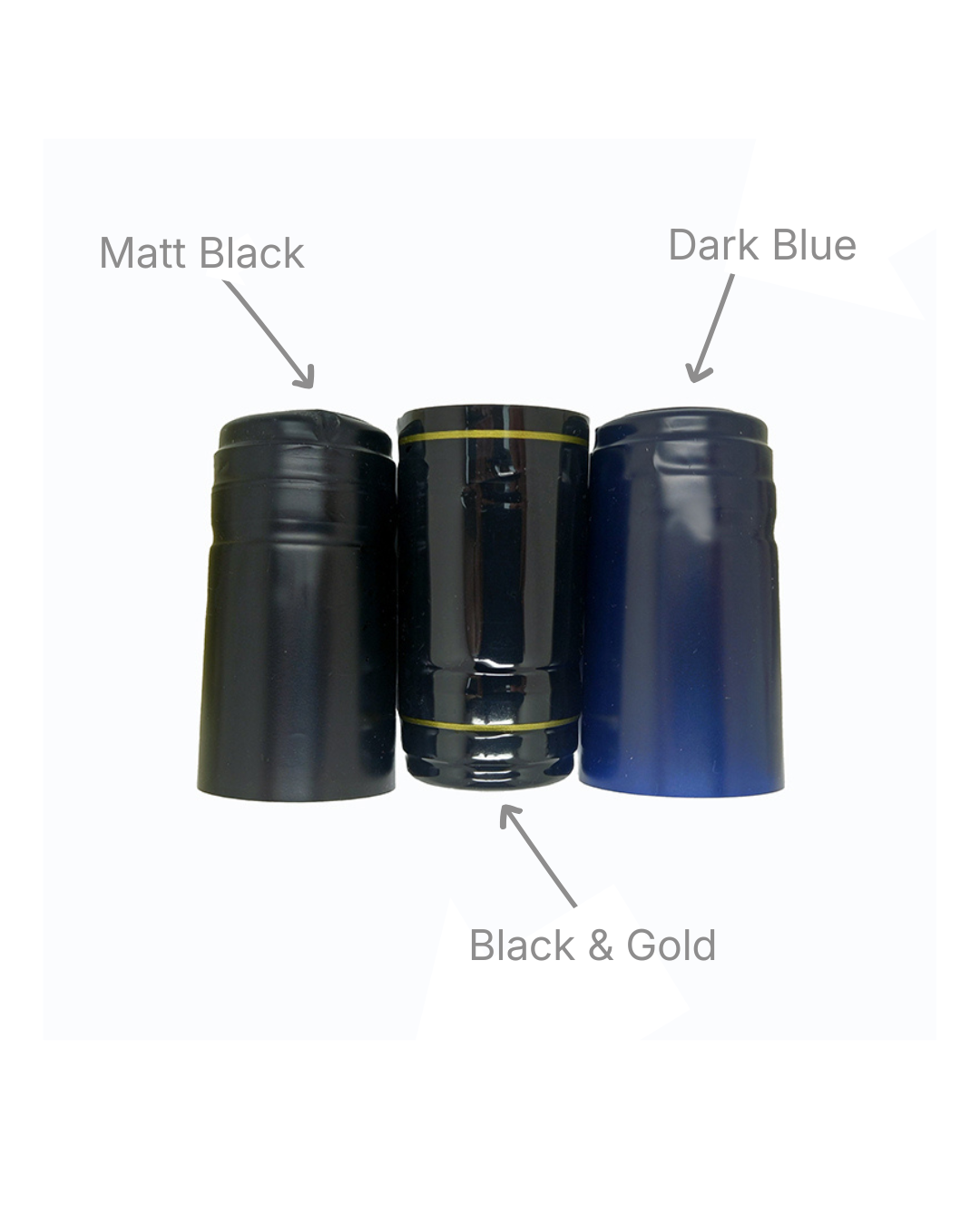 Matt black, Dark blue and Black & gold PVC shrink capsules for wine bottles