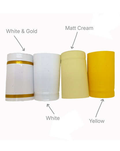 PVC shrink capsules for MCA2 capped bottles in White & Gold, White, Matt Cream and Yellow.