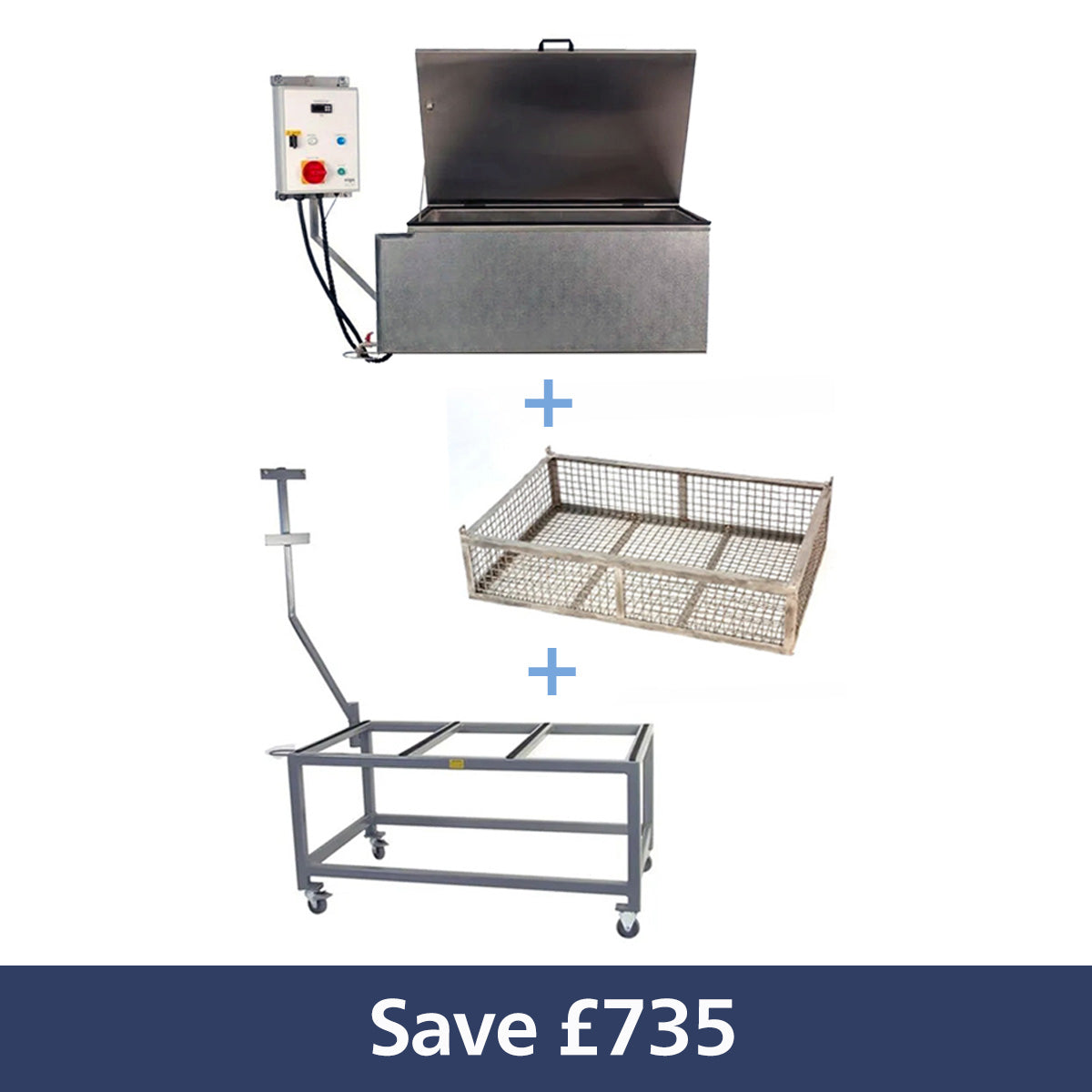 Pasteruiser bundle with a pasteuriser, basket and trolley and the words 'Save £735'