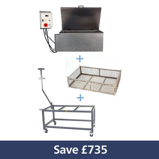 Pasteruiser bundle with a pasteuriser, basket and trolley and the words 'Save £735'