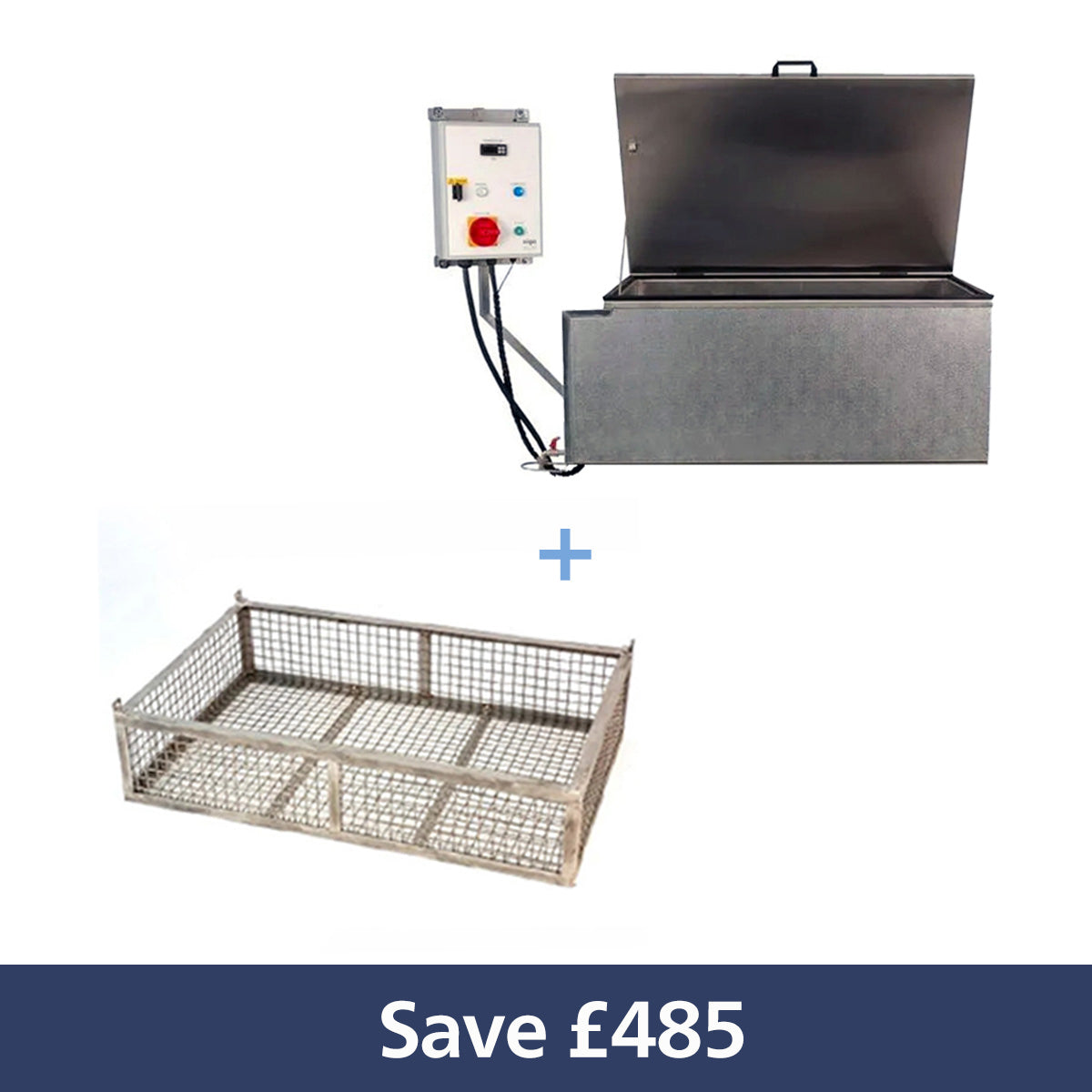 Pasteuriser bundle featuring a vigo pasteuriser plus basket with the words 'Save £485' below. 