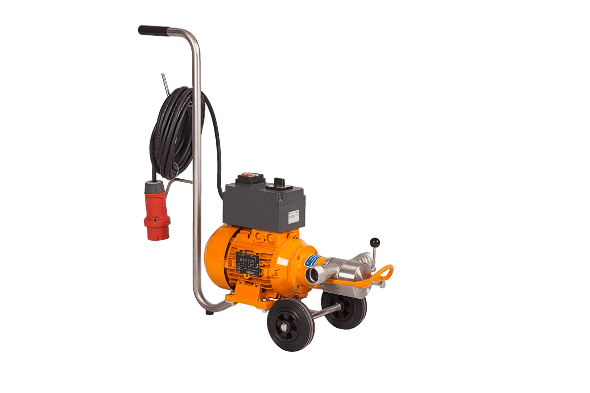 An orange and black portable pump with a metal handle, black wheels, a black hose reel, and a red outlet connector, isolated on a white background.