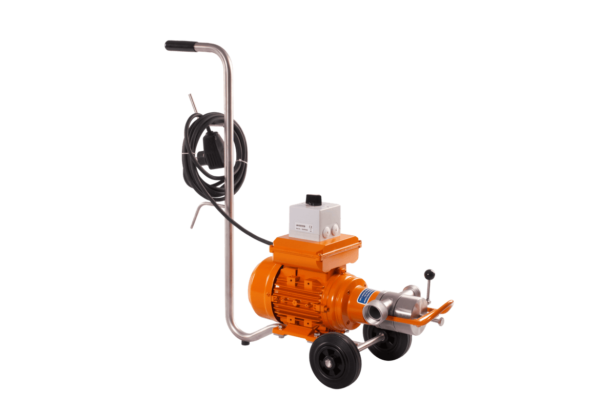 An orange and silver hydraulic pump with a black handle, black wheels, and a coiled black cable, shown on a solid white background.