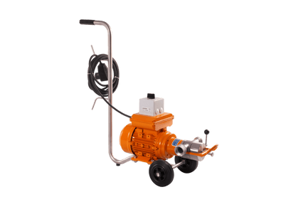 An orange and silver hydraulic pump with a black handle, black wheels, and a coiled black cable, shown on a solid white background.