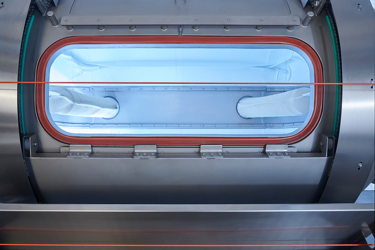 Close-up of the Willmes Sigma grape press showing the clear window to the interior