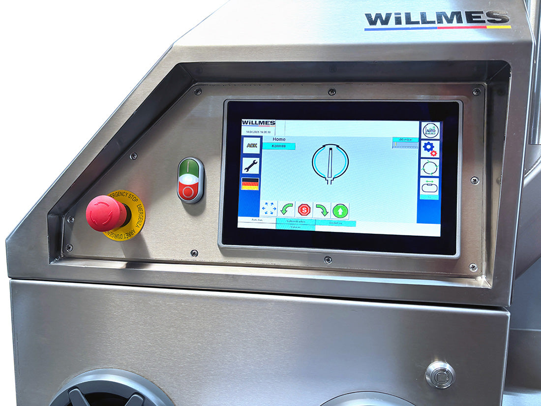 Control panel of the Sphera grape press  with a Willmes logo and touchscreen display.