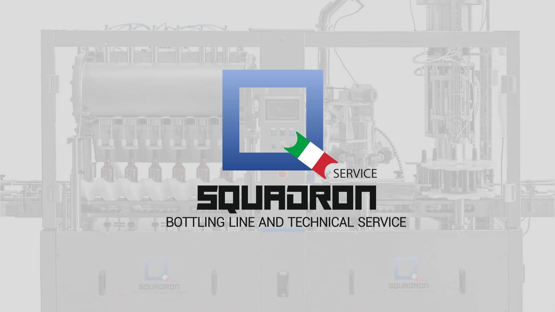 Squadron bottling line and technical service logo over a bottling machine