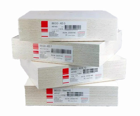 Stack of BECO filters on a white background