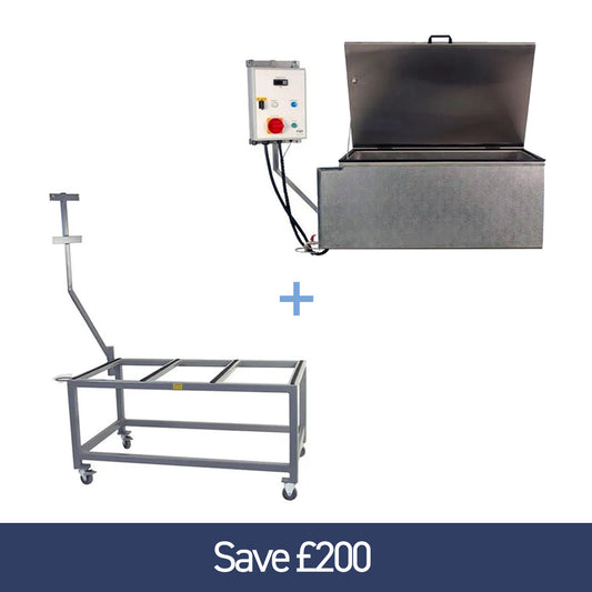 Pasteuriser bundle featuring a stainless steel pasteuriser with trolley on a white background, labeled 'Save £200'.