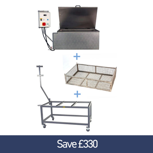 Vigo In-Bottle Pasteuriser bundle including a pasteuriser, basket, and trolley on a white background. Save £330.