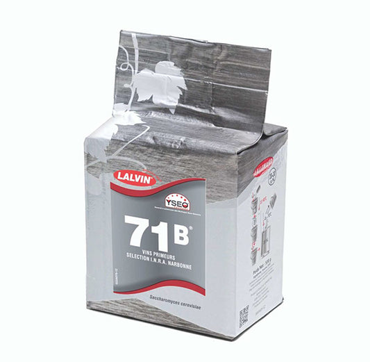 A grey and red packet of Lalvin 71b Yeast