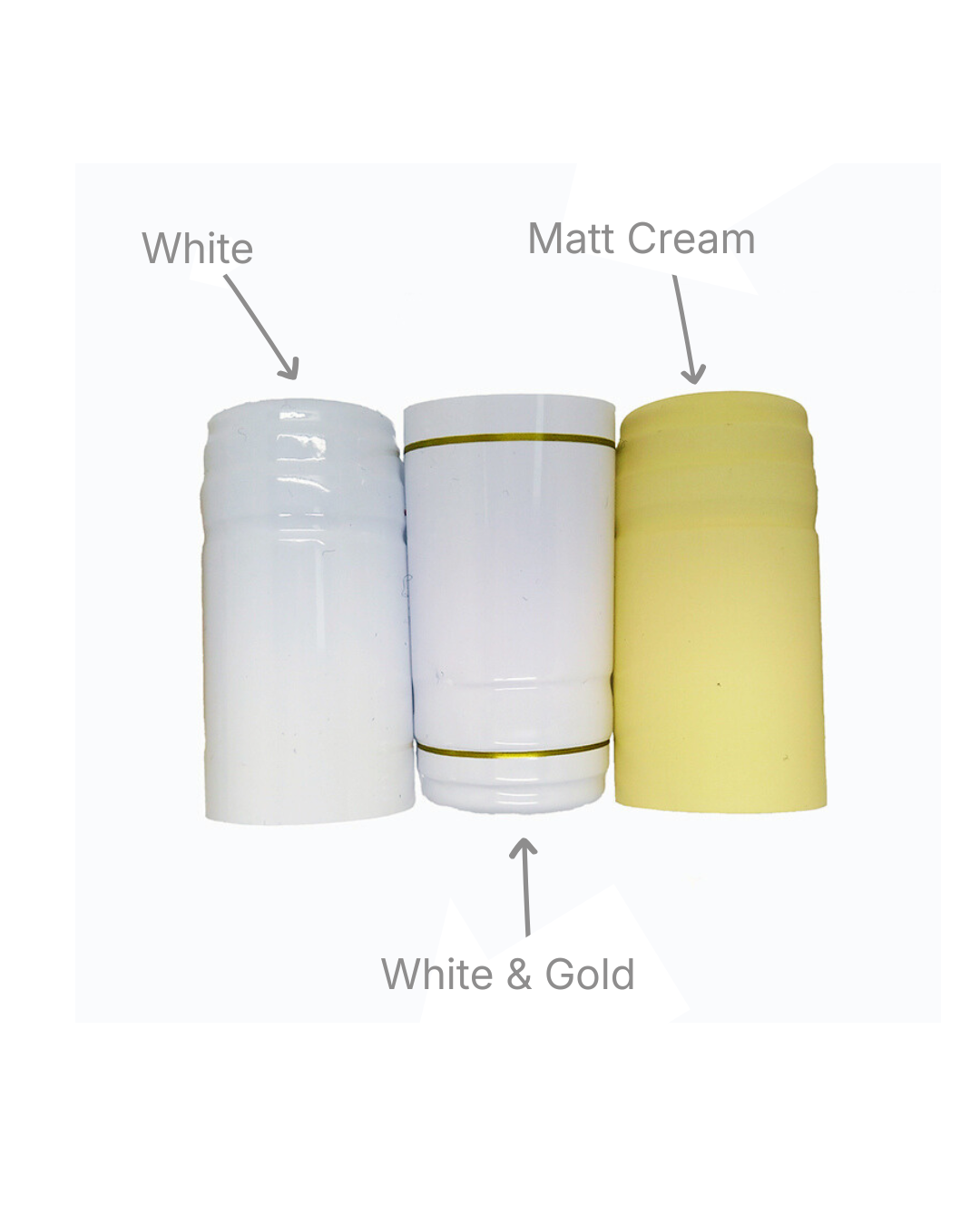 White, Matt Cream and White & Gold PVC shrink capsules for wine bottles