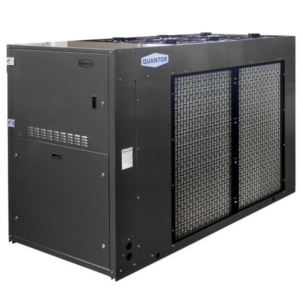 A large Quantor cooling heating unit with two front mesh panels and a blue and white Quantor logo on the top front, photographed on a plain white background.