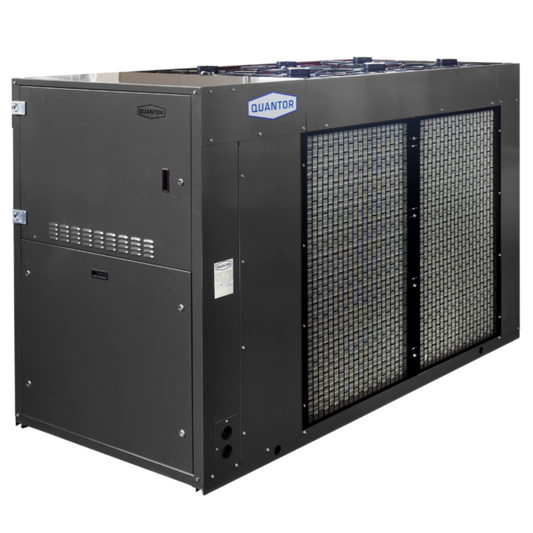 A large Quantor cooling heating unit with two front mesh panels and a blue and white Quantor logo on the top front, photographed on a plain white background.